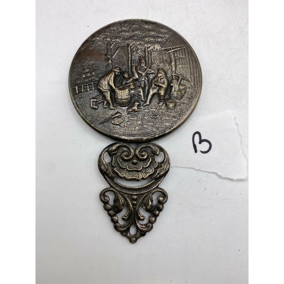 Vintage Hans Jensen Hand Pocket Mirror Tavern Scene Dark Silver Plated DENMARK - Picture 1 of 5